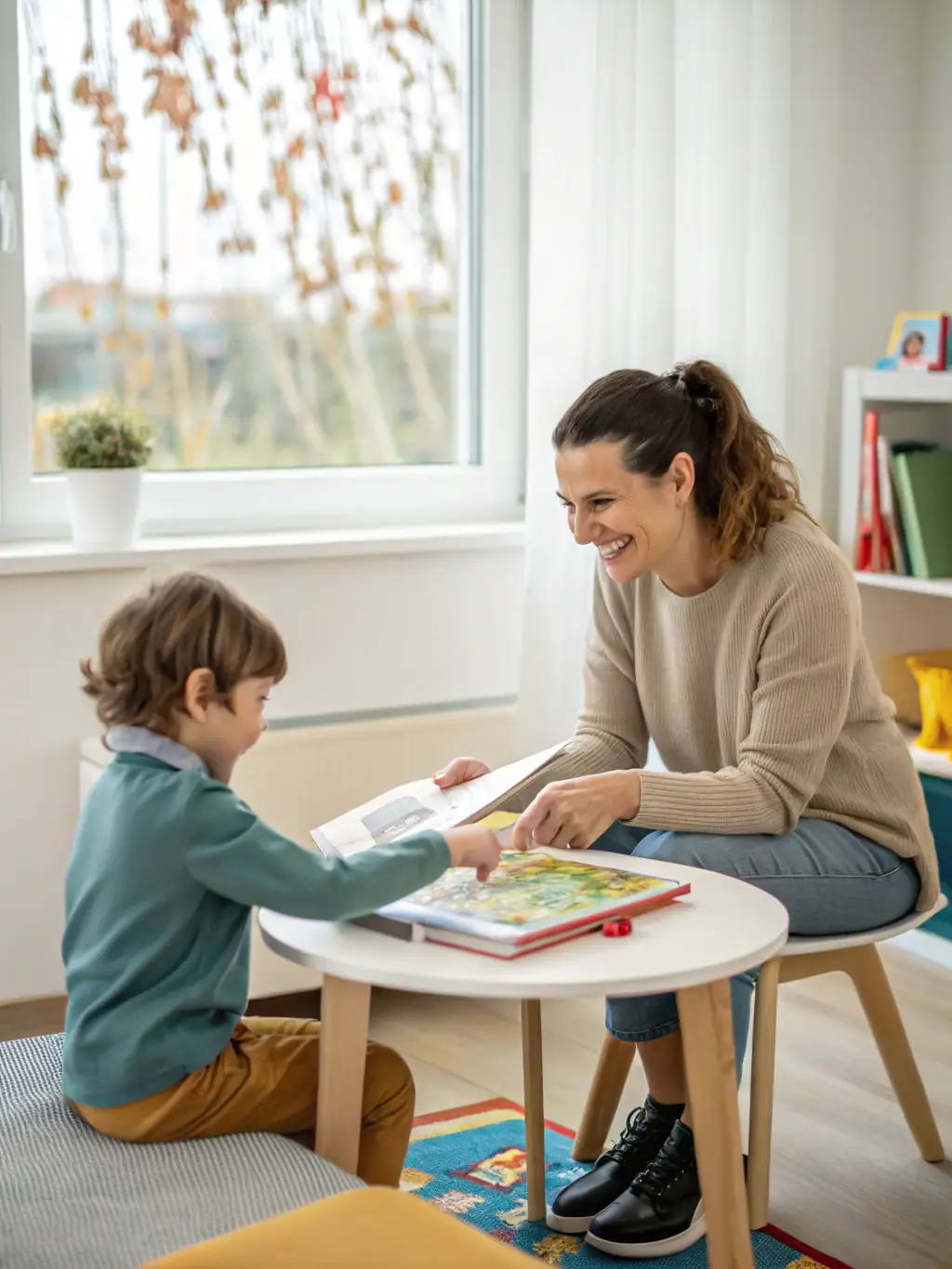 A heartwarming image depicting a therapist assisting a child with a disability during a therapy session, set in a bright and cheerful environment, showcasing ASEI's commitment to care.