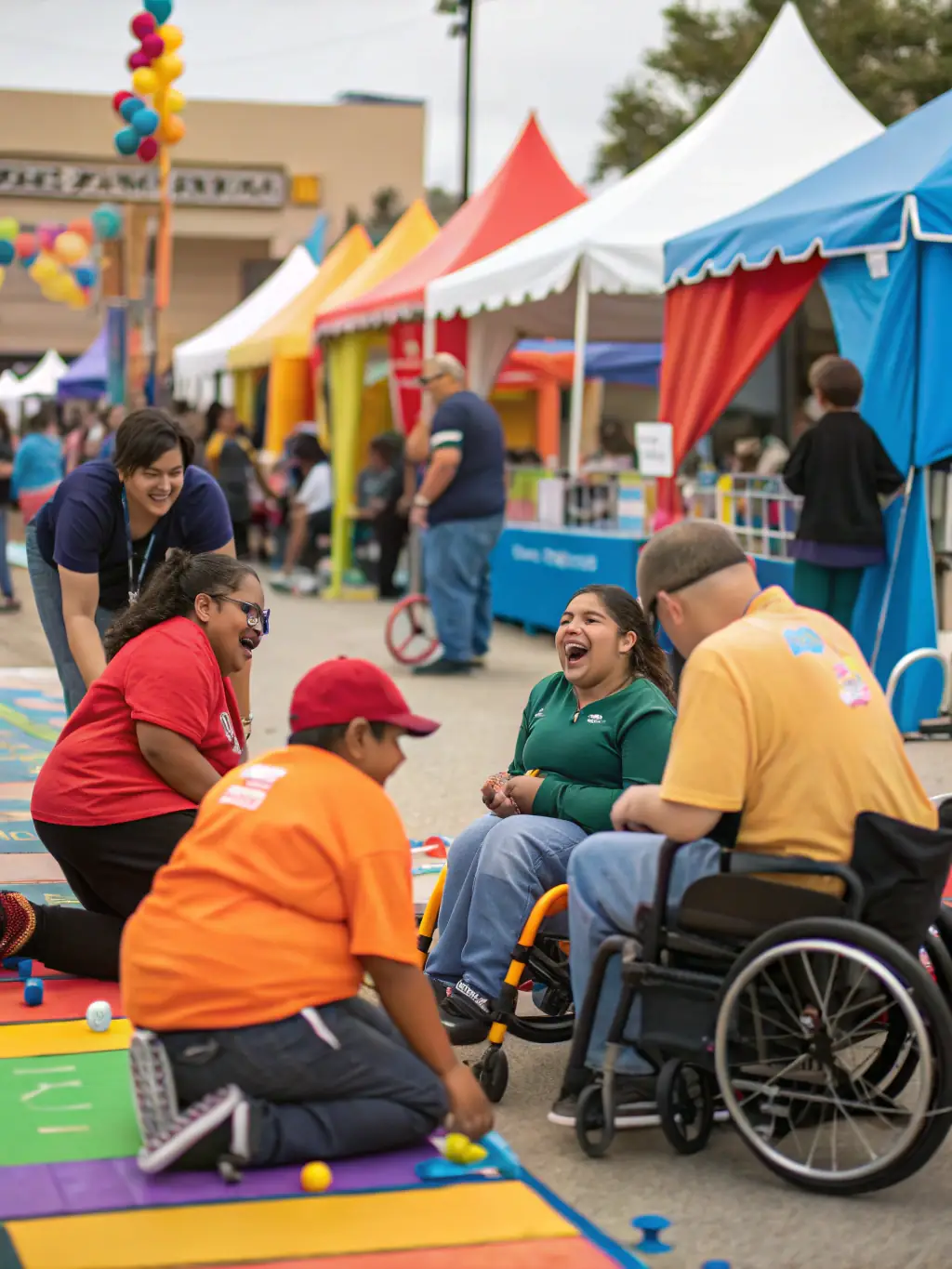 A photograph showing a group of individuals with disabilities participating in a community event, smiling and interacting positively, emphasizing ASEI's focus on social inclusion.