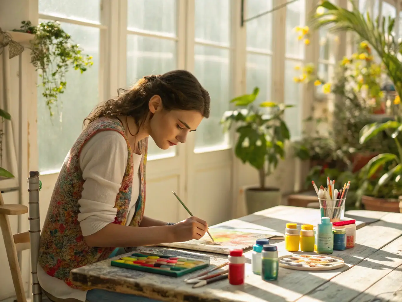 A person painting with watercolors in a bright, therapeutic art studio, focusing on the canvas with a serene expression. The studio is filled with natural light and various art supplies.