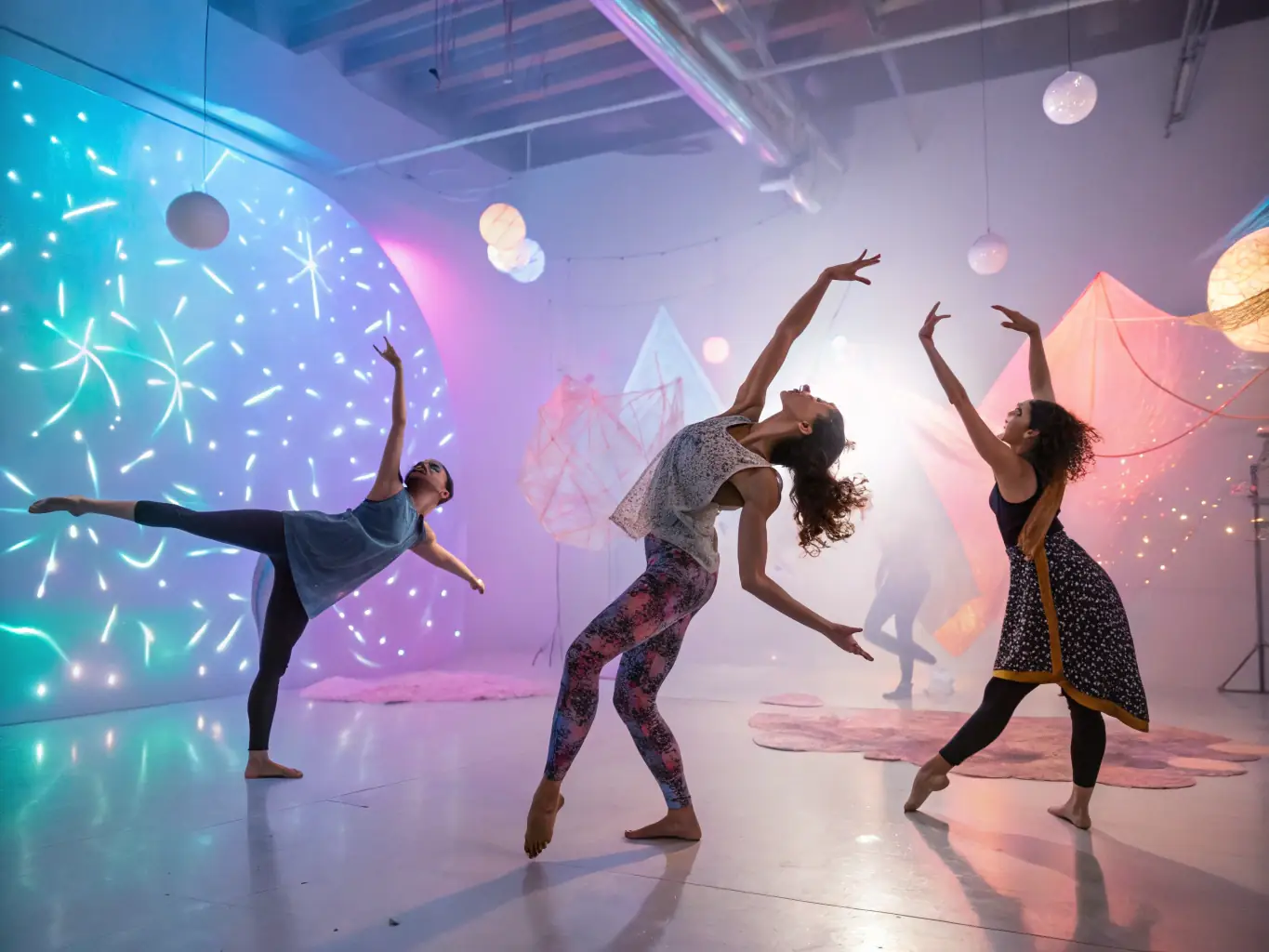 Participants in a movement therapy session, engaging in expressive dance and body movement exercises in a spacious studio.