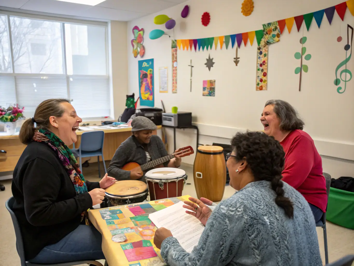 A therapist playing a guitar for a small group of clients in a music therapy session. The clients are smiling and engaged, some playing percussion instruments.