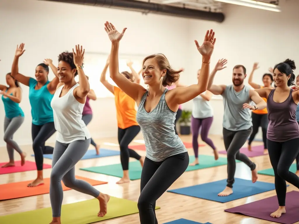 A group of people participating in a movement therapy session, guided by a therapist. They are moving freely and expressively in a spacious studio with wooden floors.