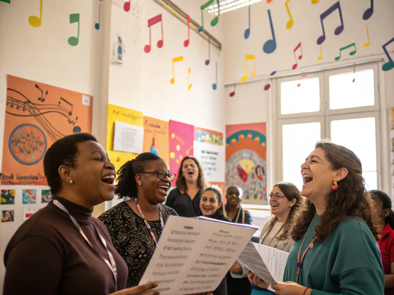 A group of people participating in a music therapy session, playing instruments and singing together, illustrating the power of music in fostering connection and healing.