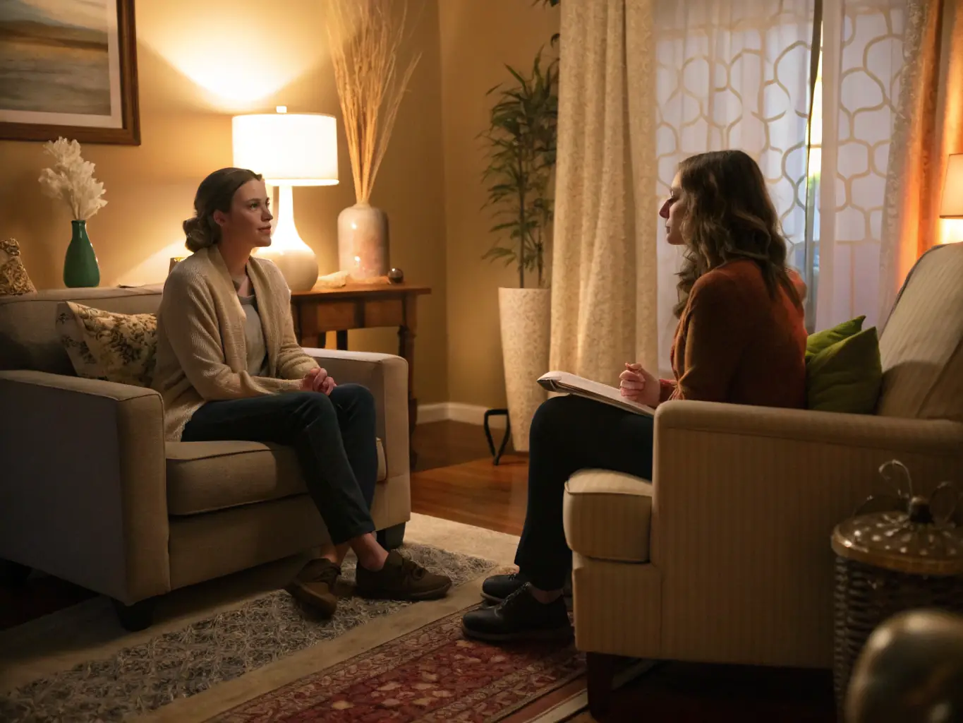 A therapist and a client engaging in a visual arts therapy session, using paints and canvases in a bright and supportive environment.