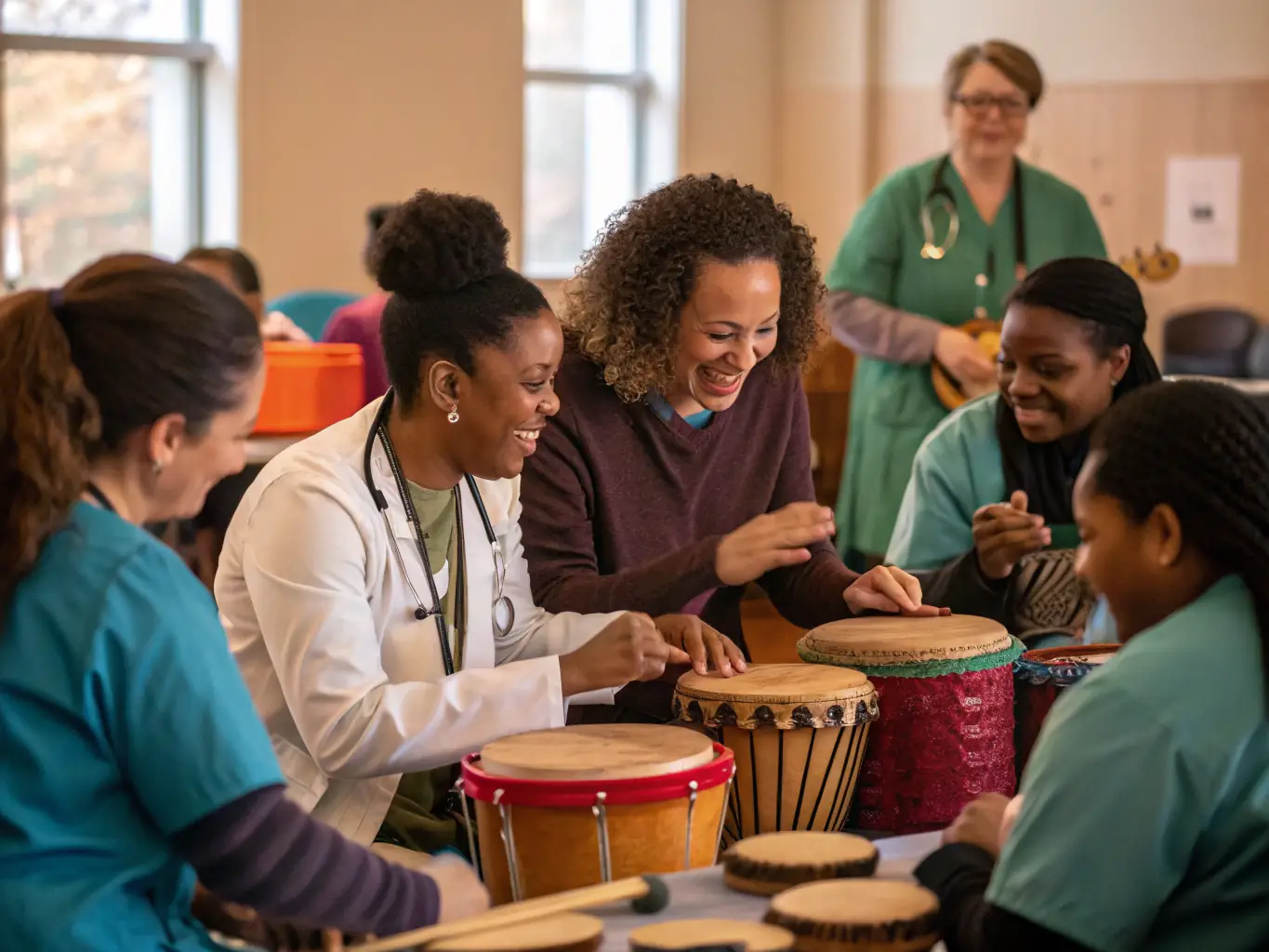 A group of participants playing musical instruments together in a music therapy session, guided by a therapist.