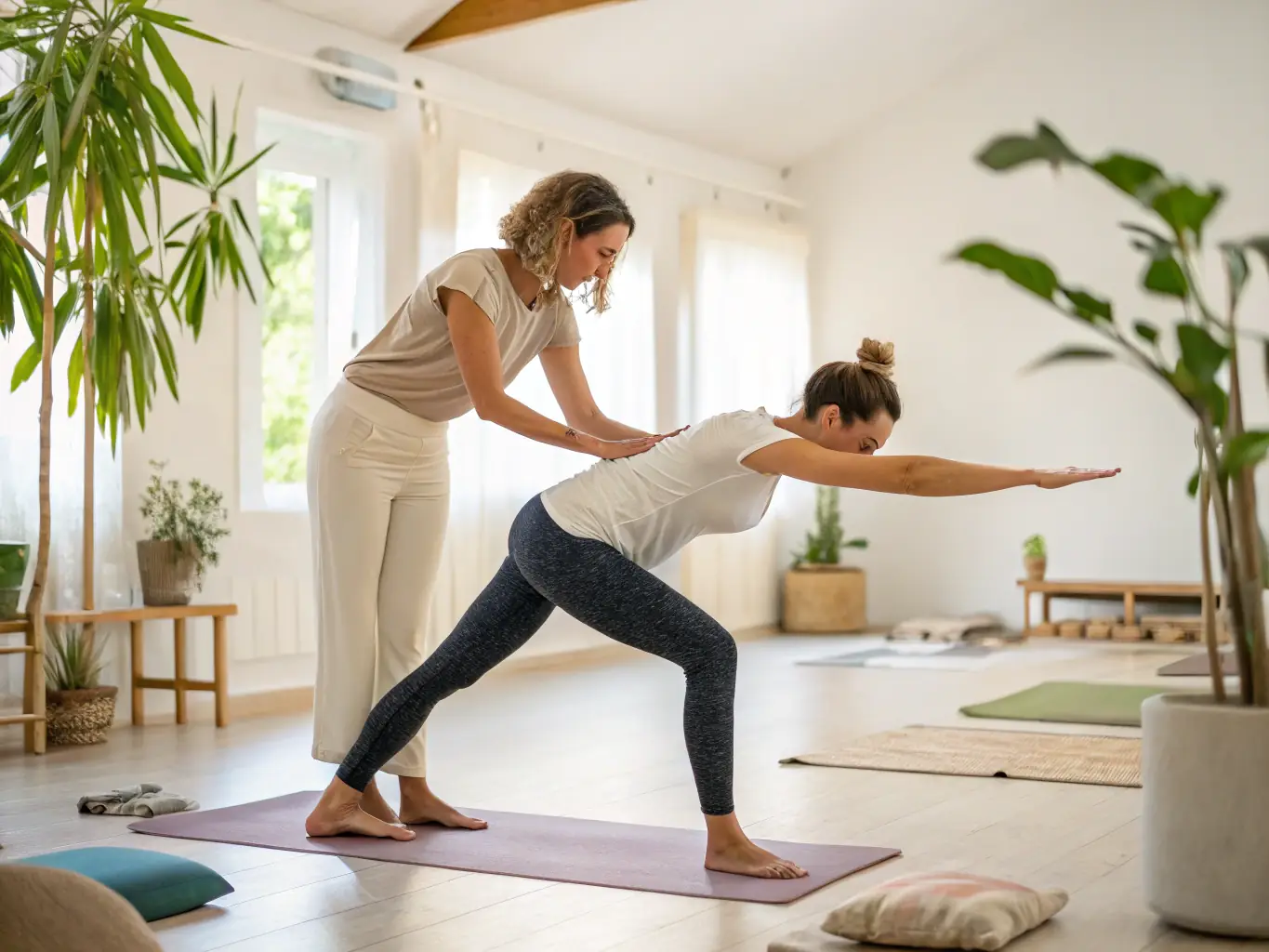 A therapist guiding a client through mindful movement exercises, demonstrating the use of movement to release tension and promote emotional balance.